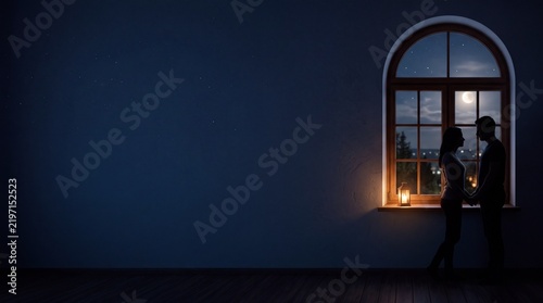 Good night love scene with couple silhouette standing by the window