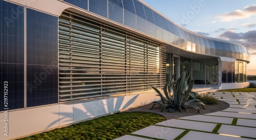 Modern building with solar panels.