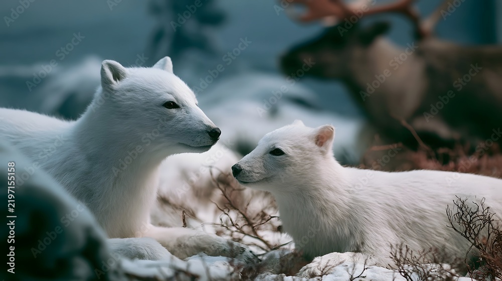 Fototapeta premium Two white arctic foxes resting together in a snowy landscape with blurred background animals