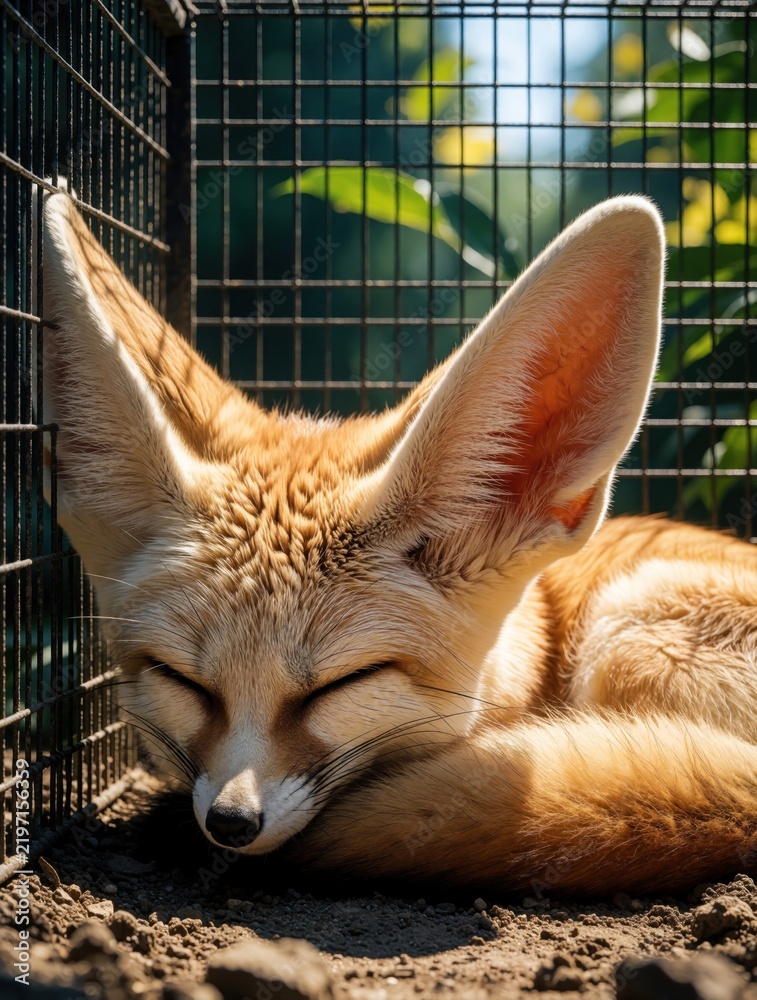 Obraz premium Fennec fox slepic curled in wire cage. Sunlight illuminates its large ears and sandy fur. Green leaves blur in background suggesting outdoors.