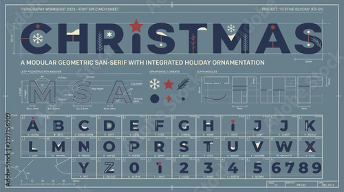 Holiday themed geometric san serif font specimen sheet with integrated