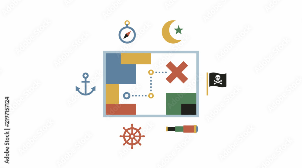 Fototapeta premium Treasure Map Illustration Featuring Nautical Navigation Icons and Exploration Symbols for Adventurous Journey Concept