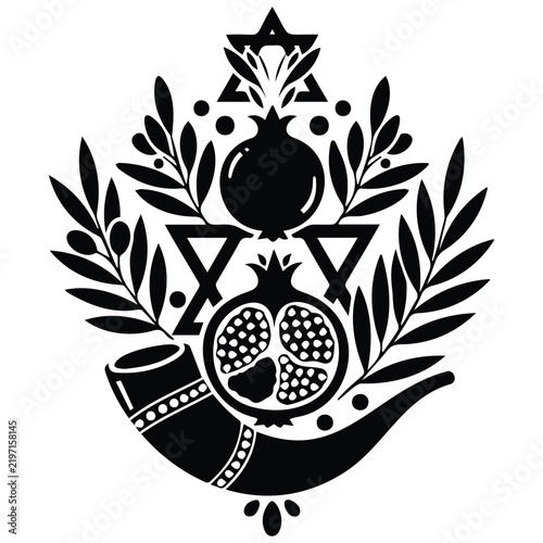 Jewish symbols star of david pomegranate shofar olive branches and berries vector silhouette illustration.