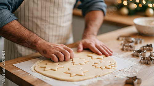 A tall bearded man in a vintage apron celebrates national cookie cutter day by pressing star, tree, and snowflake shapes into rolled sugar dough on a floured board, holiday cookie