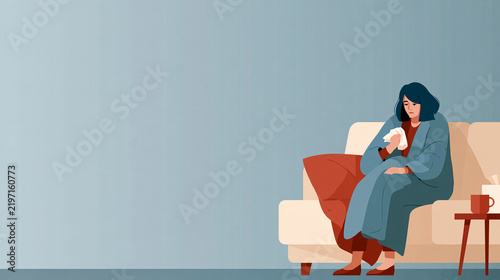 Flat vector illustration of a sick woman wrapped in a warm blanket holding a tissue on a couch, representing flu season or cold illness with copy space.   