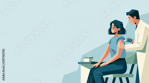 Flat vector illustration of a doctor giving a vaccine injection in the upper arm of a female patient in a clinic with copy space.   