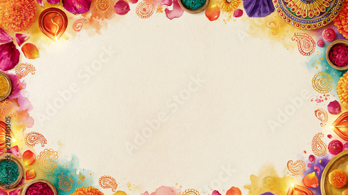 Colorful watercolor frame featuring lit diya oil lamps, flower petals, and gulal powder bowls for Diwali and Indian festival background with copy space.   