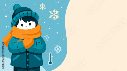 Cute vector illustration of a boy wearing a warm winter coat, scarf, hat, and mittens shivering in falling snow with copy space.   