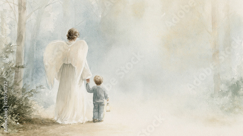 Watercolor painting showing the back view of a white-winged guardian angel holding hands with a small child walking through a foggy forest.   