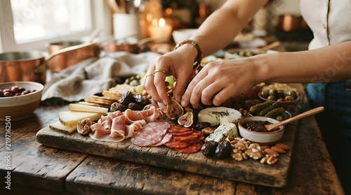 Chef preparing gourmet charcuterie board with cured meats and cheeses for restaurant presentation