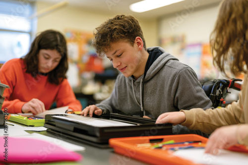 In a colorful classroom, students engage in a creative activity, showcasing their artistic skills and collaboration while working together on expressive artwork.