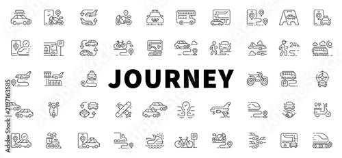 Comprehensive collection of editable stroke icons representing modern transportation and travel