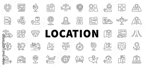 Collection of editable stroke icons featuring various location and navigation map symbols set
