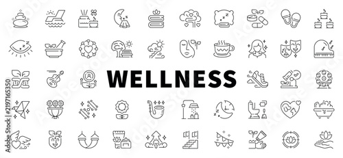 Comprehensive collection of editable stroke icons representing wellness and healthy lifestyle