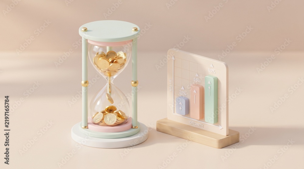 Fototapeta premium 3D Isometric Hourglass with Falling Golden Coins and Growth Chart