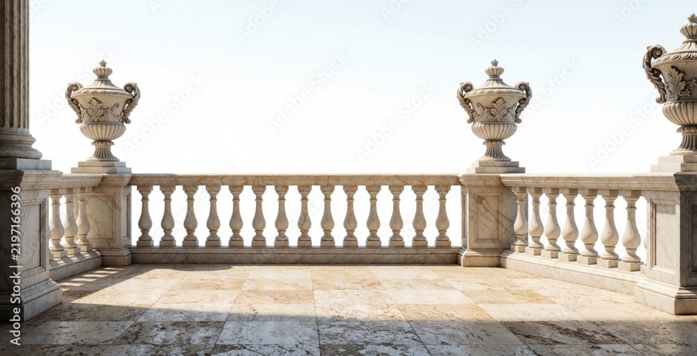 Obraz premium Elegant stone terrace features classical balustrade and decorative urns against bright sky. Stone baluster railing and ornate pillars adorn empty outdoor patio space.
