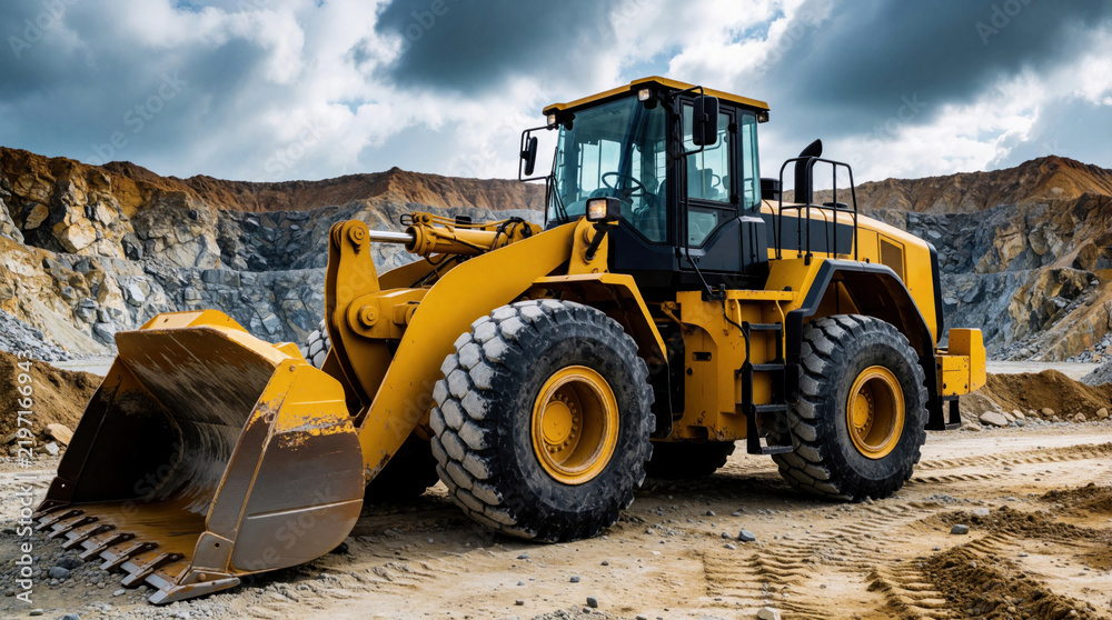 Obraz premium Heavy yellow wheel loader parked on quarry site. Massive construction machine awaits work in rocky landscape under cloudy sky. Industrial equipment used for earthmoving and material handling.