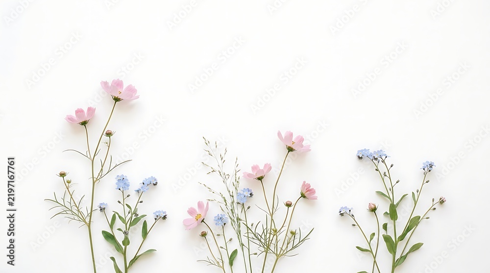 Obraz premium Delicate pink cosmos and blue flowers isolated on white background