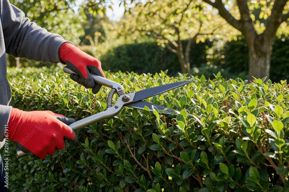 Obraz premium Gardener wears red gloves trims green hedge with shears. Person shapes bush in sunny backyard. Outdoor plant maintenance work is done with tool.