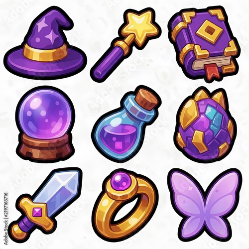 Cute Fantasy Magic Icon Set with Wizard Hat Wand Potion and Crystal Ball
