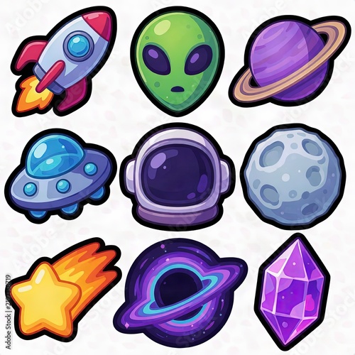 Cute Space Icon Set with Rocket Alien Planets Moon and Cosmic Crystal
