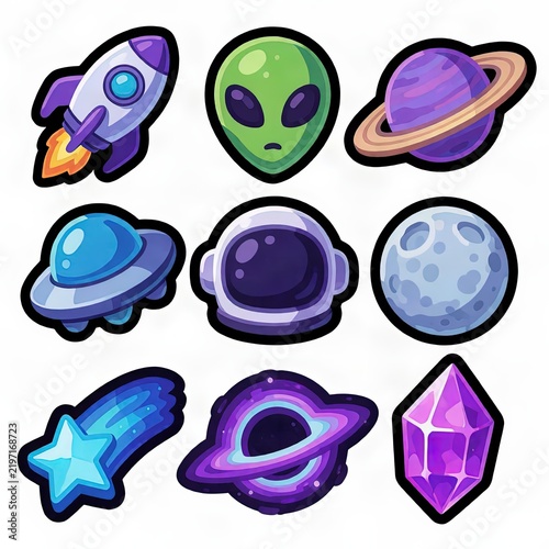 Cute Space Icon Set with Rocket Alien Planets Moon and Cosmic Crystal