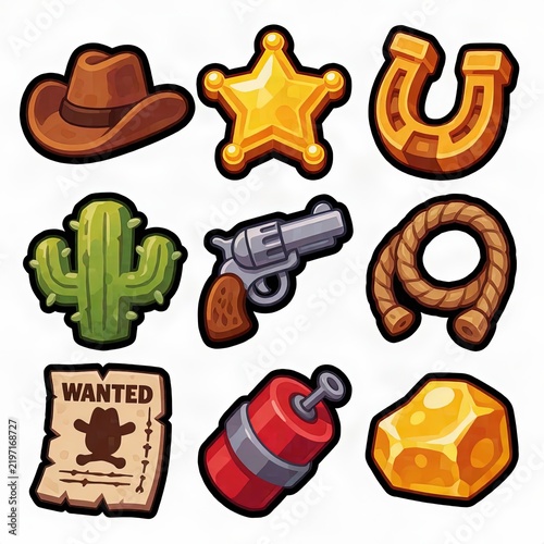 Wild West Cowboy Icon Set with Sheriff Star Revolver and Cactus