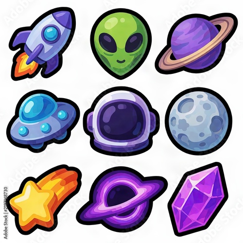 Cute Space Icon Set with Rocket Alien Planets Moon and Cosmic Crystal