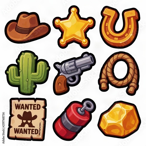 Wild West Cowboy Icon Set with Sheriff Star Revolver and Cactus