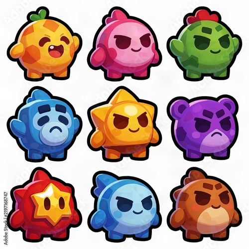 Cute Colorful Monster Character Icon Set with Different Emotions