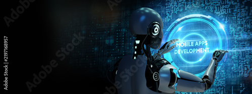 Inscription MOBILE APPS DEVELOPMENT on the virtual display. Cloud technology concept. 3d illustration