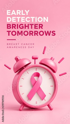 Pink alarm clock with integrated cancer awareness ribbon inside on a pink background for health