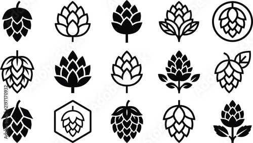Black and white hop flower botanical icon collection with decorative geometric designs
