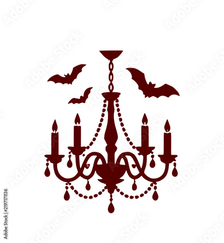 Solid Dark Red Spooky Halloween Antique Chandelier with Candles and Flying Bats Vector Icon for Gothic Horror Graphic Design Assets