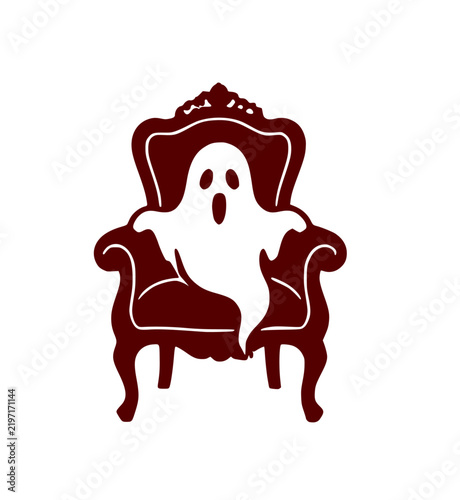 Solid Dark Red Spooky Halloween Ghost Sitting in Vintage Armchair Vector Icon Representing Gothic Horror Graphic UI Design Assets