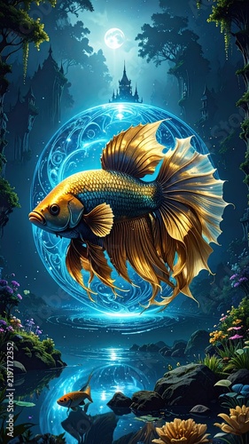 Golden Betta Fish Swimming Alone Majestic Golden Fish Swimming in Enchanted Fantasy Landscape