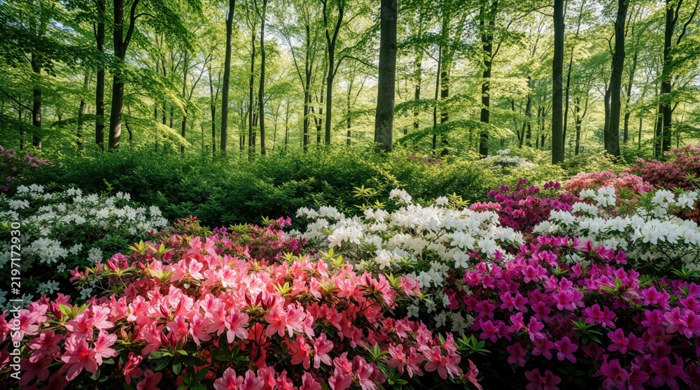 Fototapeta premium Rich forest floor bursts with vibrant pink and white azaleas. Tall green trees rise above a carpet of colorful springtime blooms in woodland setting.