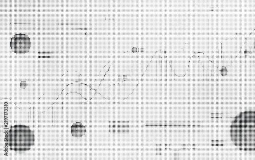 Abstract halftone pattern with dotted graphs and geometric shapes on a white background