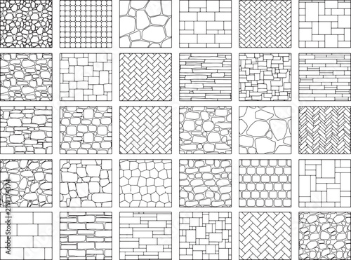 Paving stone seamless patterns set, 30 vector line textures of brick wall and cobblestone pavement, architectural hatching