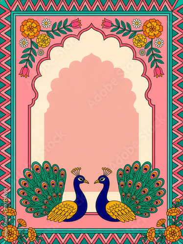 Indian Peacock Mughal Arch Wedding Invitation Frame with Marigolds
