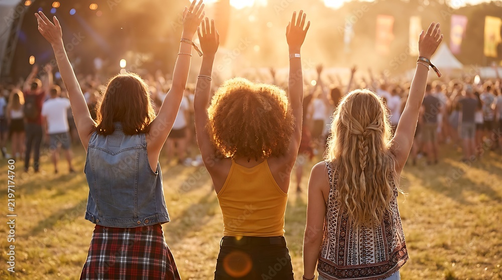 © MDPIYASISLAM - Three young women stand with arms raised while watching a music performance at an outdoor summer festival with live musical performance