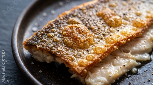 Crispy fried fish fillet with golden brown skin served on dark plate