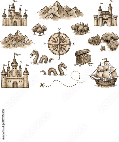 Vintage fantasy map elements vector set, hand drawn medieval castle and pirate ship icons, antique treasure hunt graphics