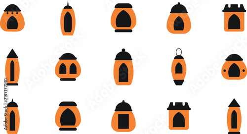 Collection of stylized acorn silhouettes with orange and black coloration