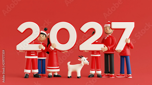A festive gathering of cartoon figures holding the numbers 2027 and a charming goat, all rendered in a vibrant red aesthetic, embodying a celebratory spirit for the upcoming year.