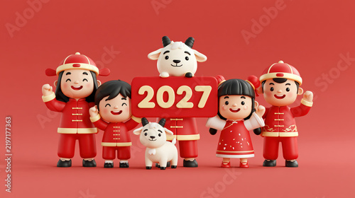 A delightful 3D illustration depicts a group of children and adorable goats celebrating the year 2027, dressed in traditional festive attire against a vibrant red backdrop.