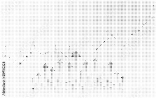 Abstract halftone pattern featuring rising financial growth charts and upward pointing arrows