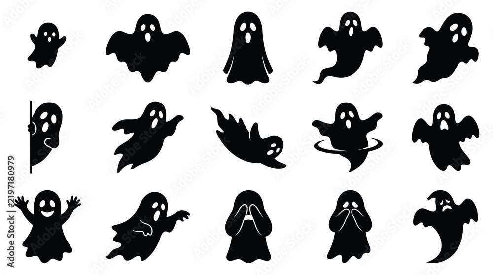 Obraz premium A spooky and delightful halloween ghost vector bundle featuring diverse spectral shapes and expressions for all your creepy design needs and projects