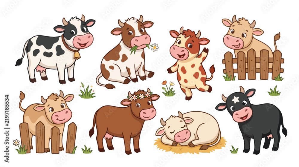 Fototapeta premium Cute Cartoon Cow Collection in Playful Poses on White Background
