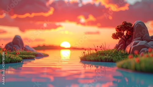 Miniature Sunset Cloud Lake Reflection Background2